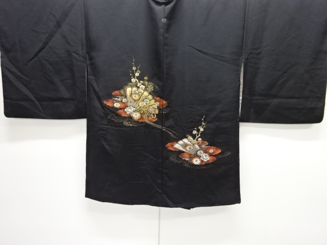 JAPANESE ANTIQUE HAORI / TAISHO ROMAN STYLE / SILK / URUSHI / WOVEN FOLDING FAN PATTERN